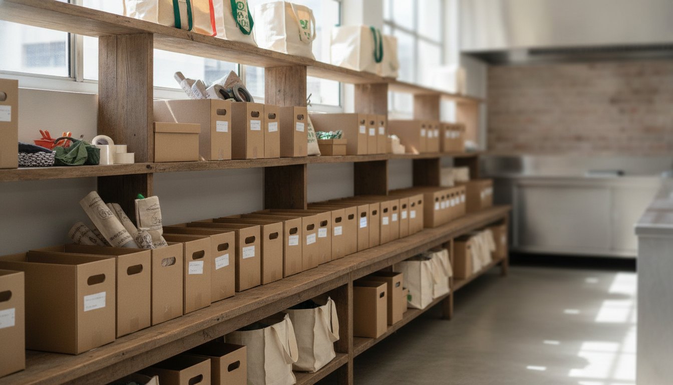 Bancadas de madeira e prateleiras organizadas com caixas de papelão e sacolas em uma cozinha comercial.