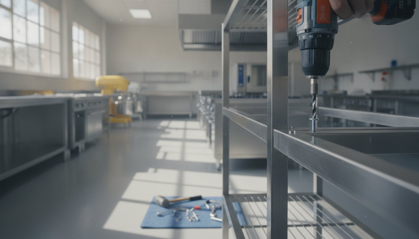 Profissional apertando parafusos de uma estante de aço inoxidável em uma cozinha industrial vazia.