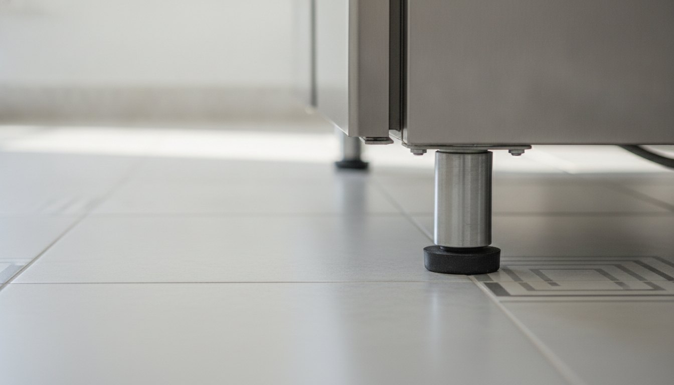 Pés ajustáveis de uma geladeira comercial de inox apoiados sobre um piso de cerâmica nivelado.