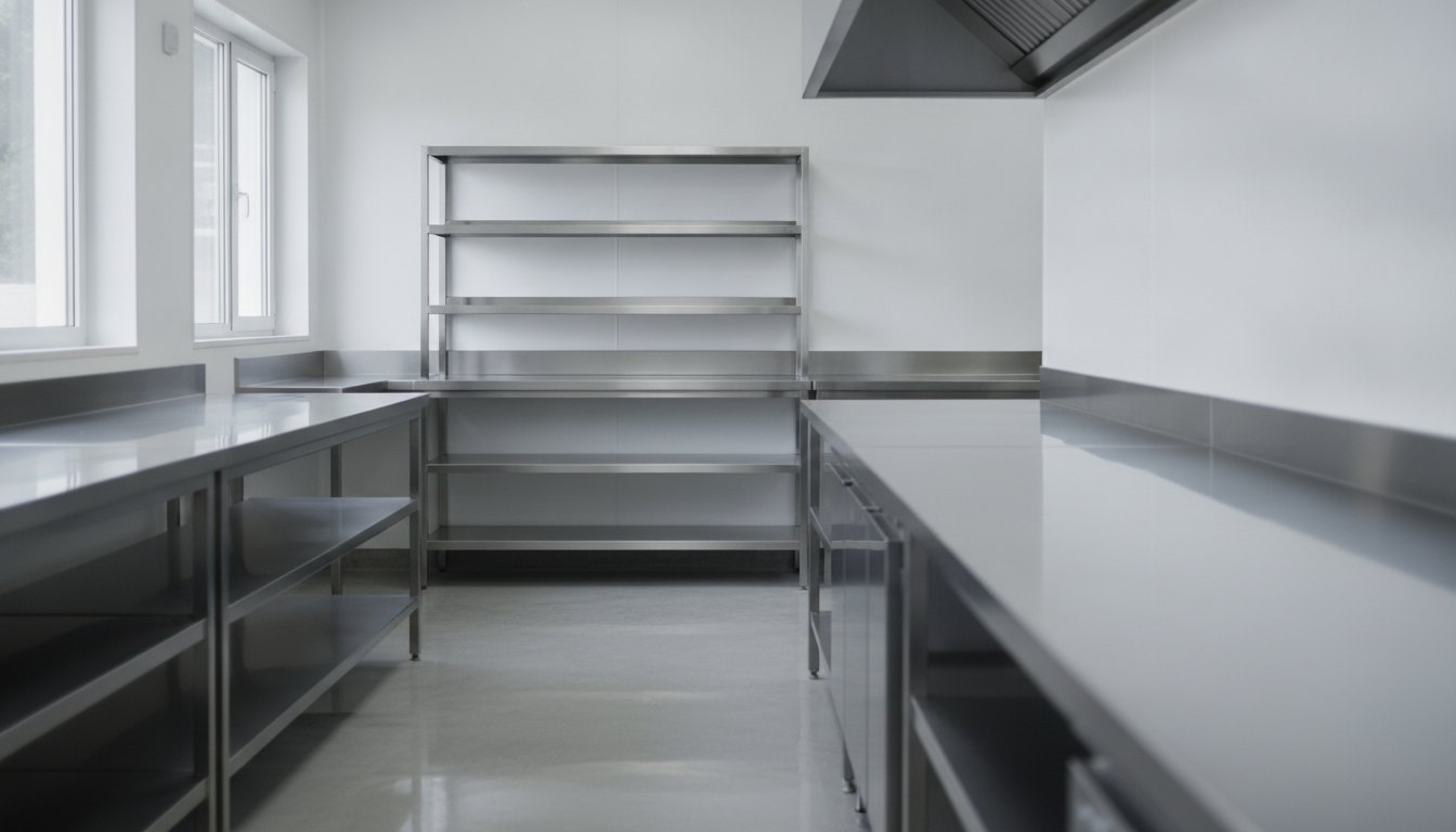 Prateleiras de aço inox organizadas em uma cozinha industrial com piso limpo e bancadas totalmente vazias.