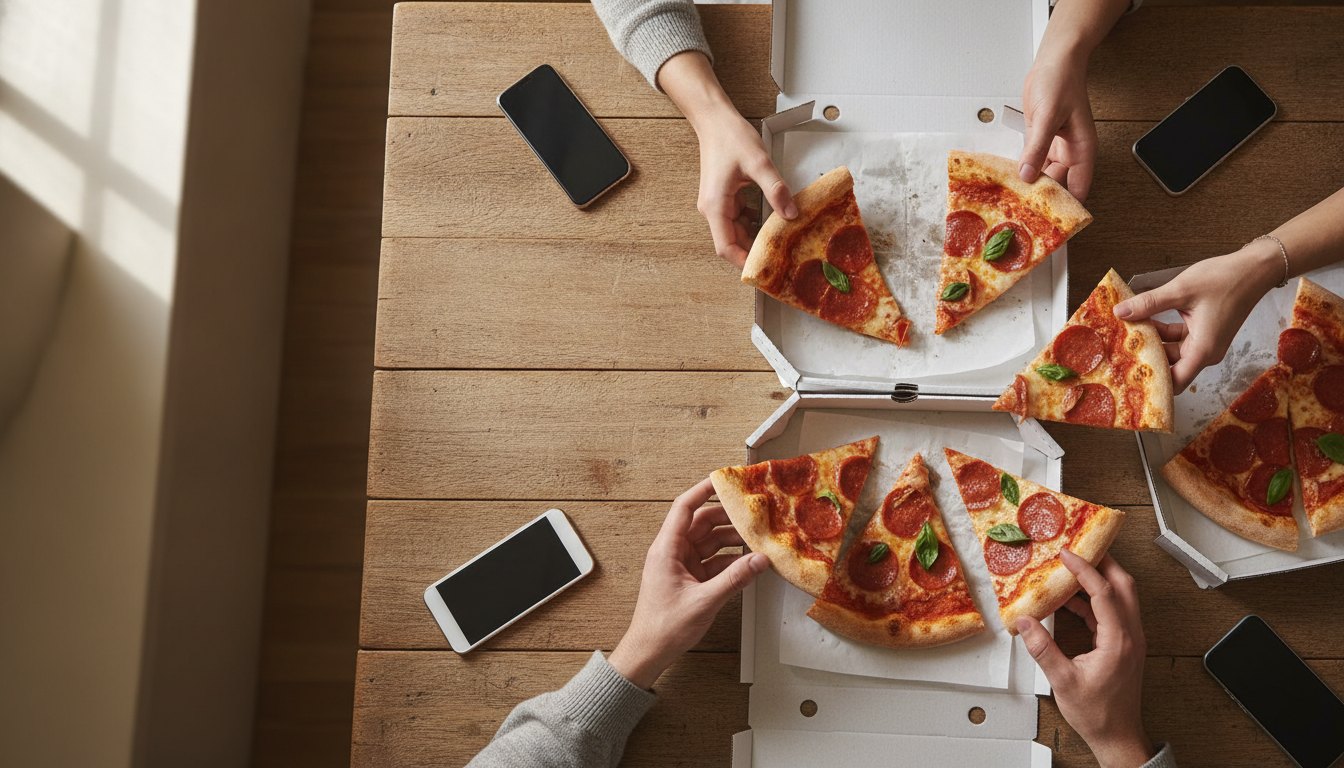 Várias mãos segurando fatias de pizza sobre uma mesa de madeira com celulares ao redor.