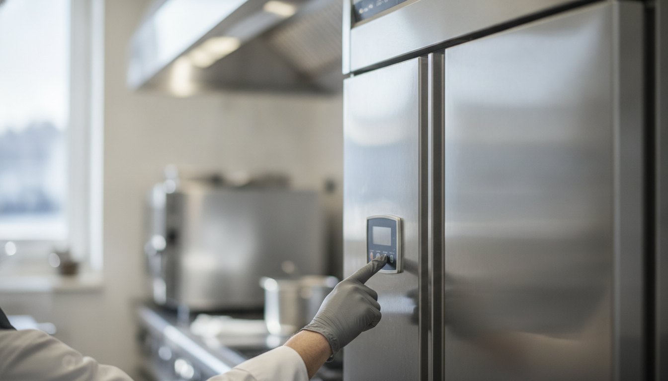 Cozinheiro verificando o painel de temperatura de uma geladeira comercial em aço inox.