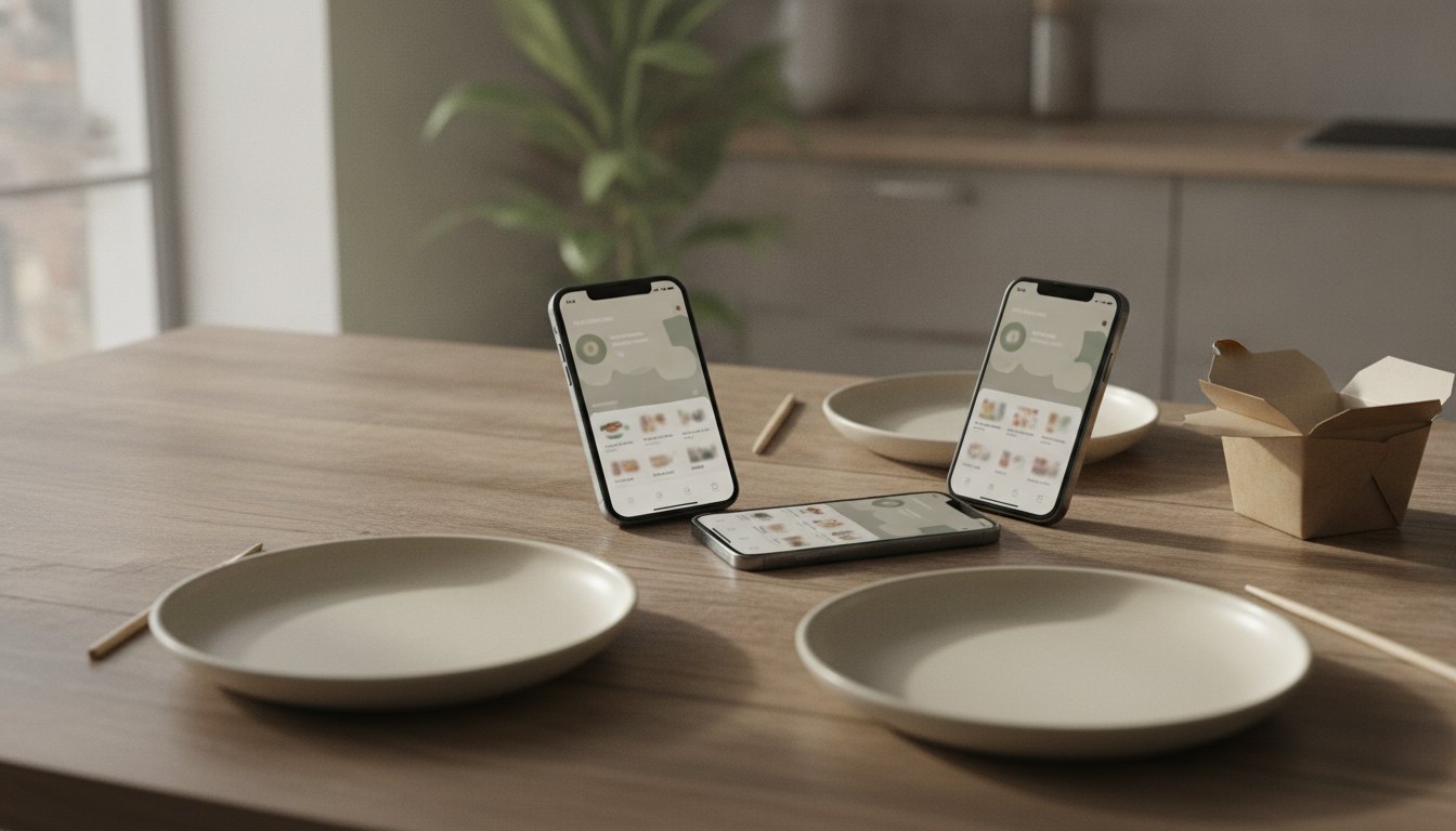 Três amigos ao redor de uma mesa com smartphones abertos escolhendo pratos em um aplicativo.