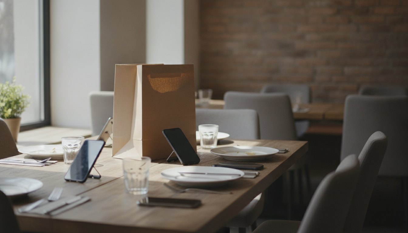 Pessoas reunidas ao redor de uma mesa segurando smartphones enquanto aguardam a entrega da comida.