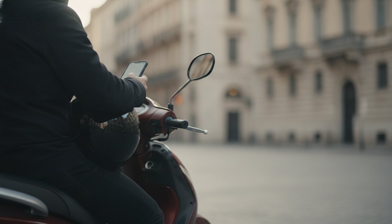Entregador de aplicativo sentado em sua moto enquanto segura um capacete e observa o celular