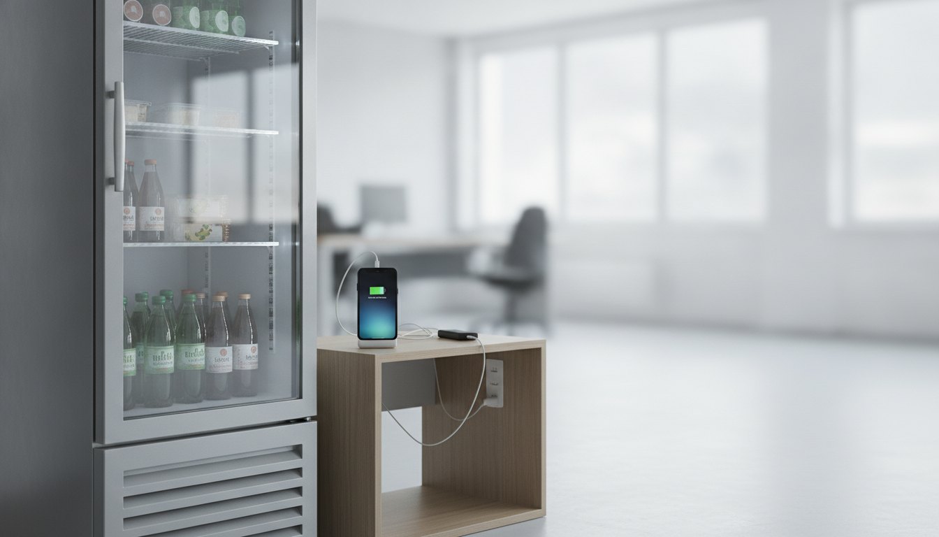 Geladeira comercial de inox ao lado de um smartphone carregando sobre uma mesa de apoio.