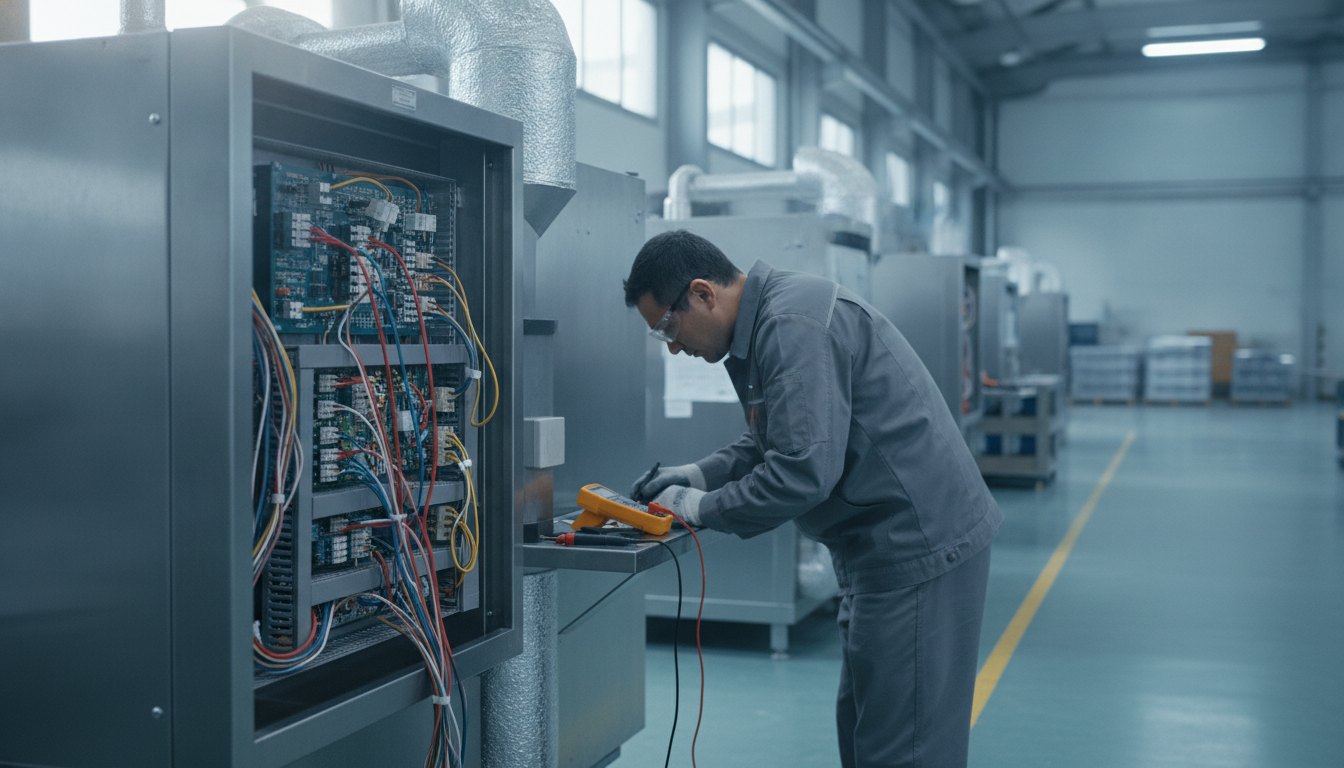 Técnico inspecionando circuitos e fios na parte traseira de um equipamento de refrigeração industrial.