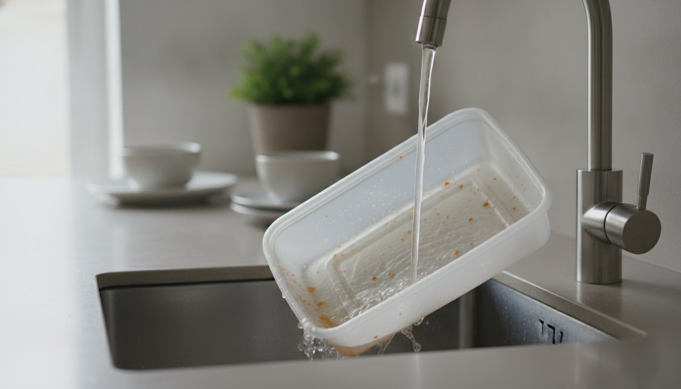 Pessoa lavando uma bandeja plástica de comida sobre a pia antes do descarte no lixo reciclável.