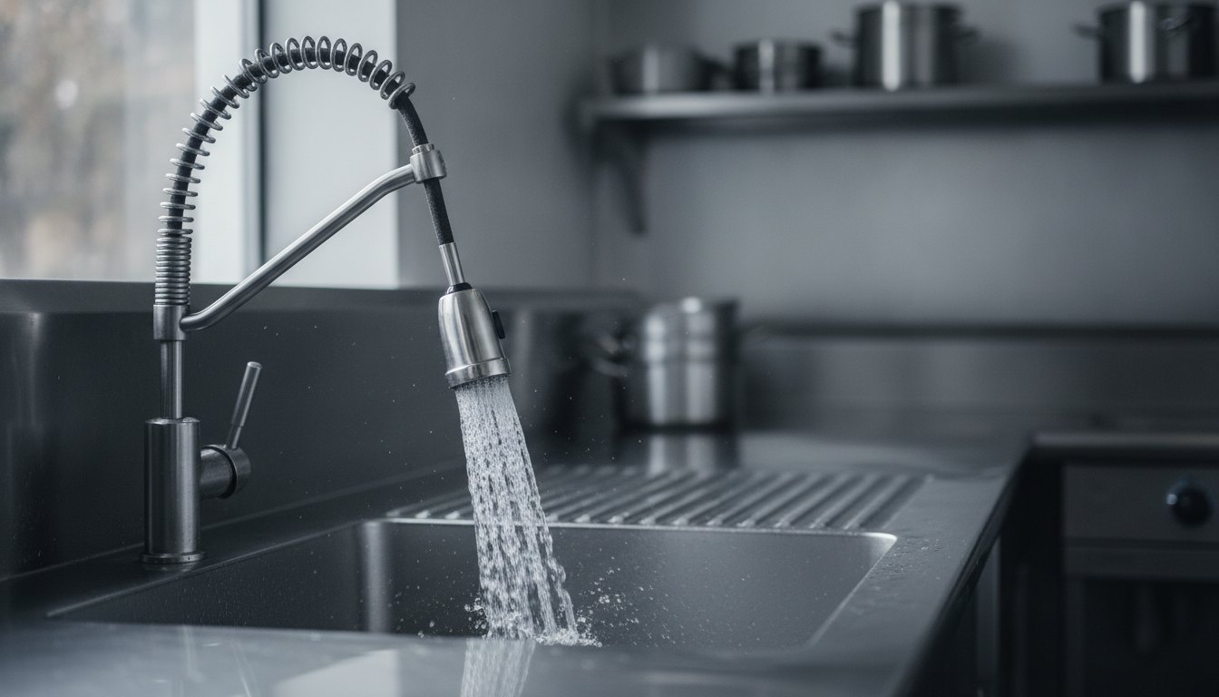 Torneira industrial de aço inox instalada em pia de cozinha comercial com forte jato de água.