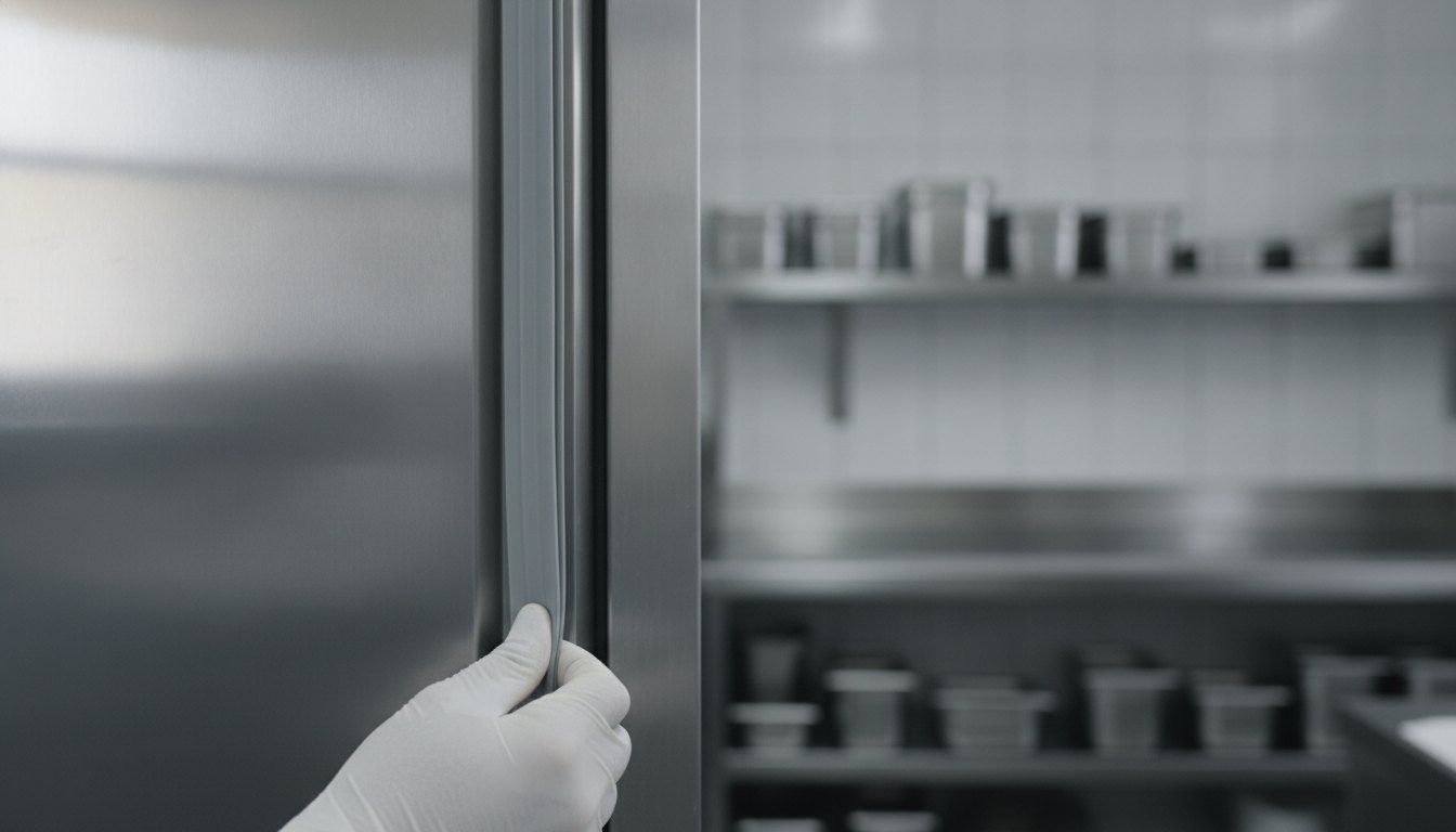 Cozinheiro inspecionando a borracha de vedação de uma geladeira comercial de inox.