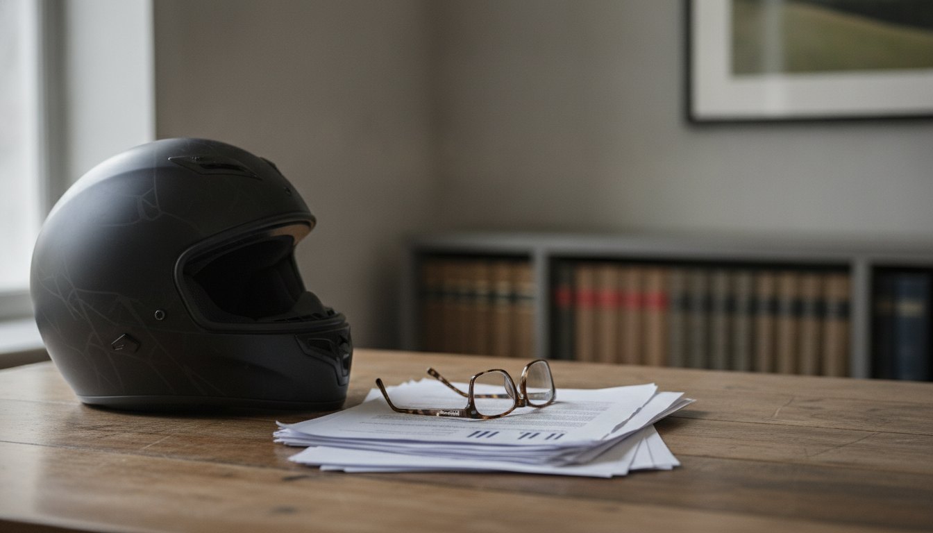 Capacete de motociclista ao lado de documentos impressos sobre uma mesa de madeira.