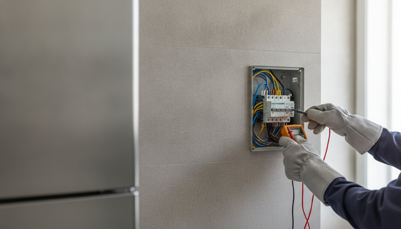 Técnico com luvas medindo a tensão elétrica de um quadro de distribuição na parede da cozinha.