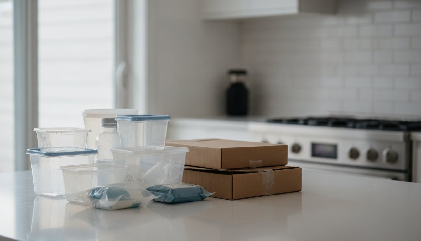 Embalagens de plástico e caixas de papelão higienizadas e separadas sobre uma bancada de cozinha.