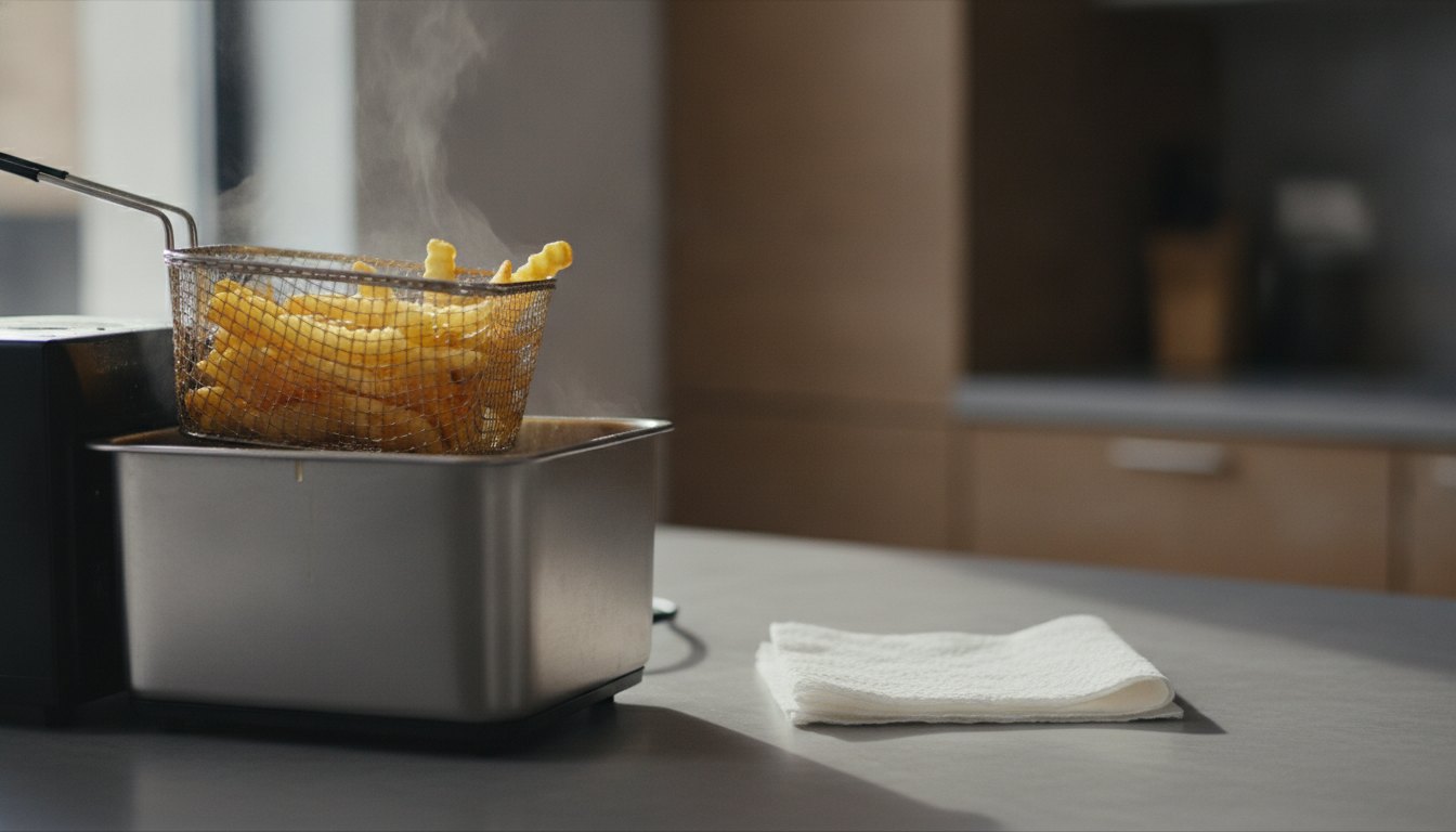 Porção de batatas fritas douradas sendo retiradas de uma fritadeira elétrica sobre uma bancada de cozinha.