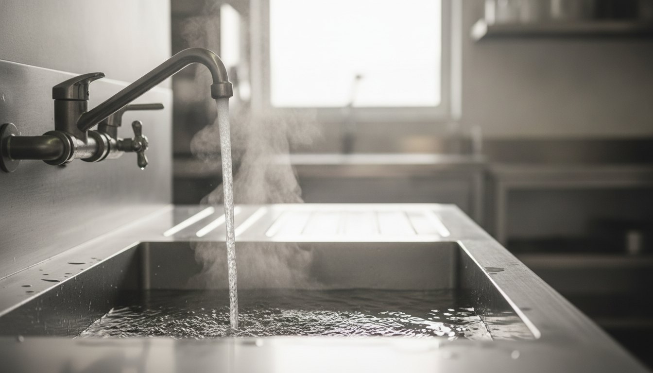 Torneira industrial com misturador despejando água quente em uma pia de inox de cozinha comercial.