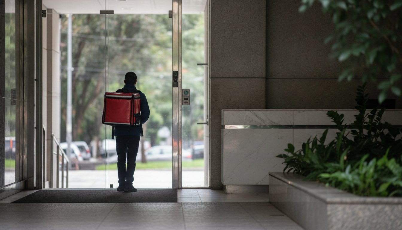 Entregador de aplicativo com mochila térmica aguardando o morador na portaria de um prédio.