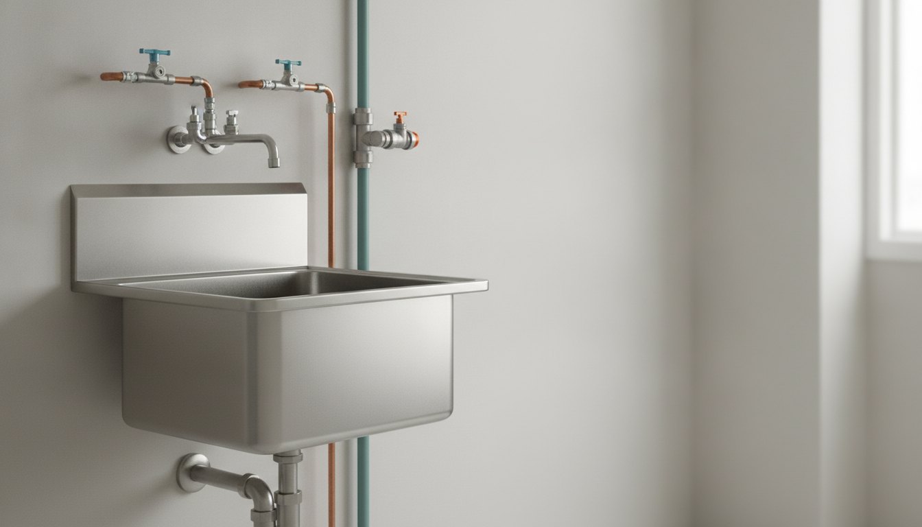 Pia de aço inox industrial conectada a tubulações de água recém-instaladas na parede.