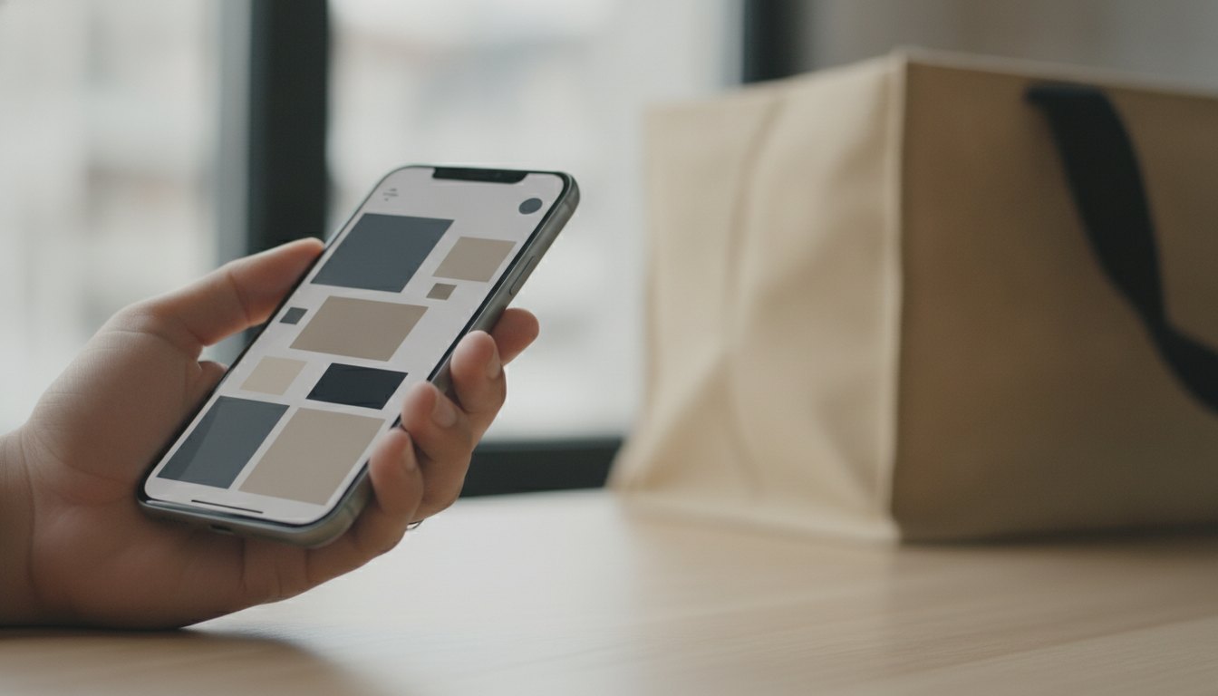 Mão de um cliente segurando um celular com a tela mostrando opções de pagamento num aplicativo.