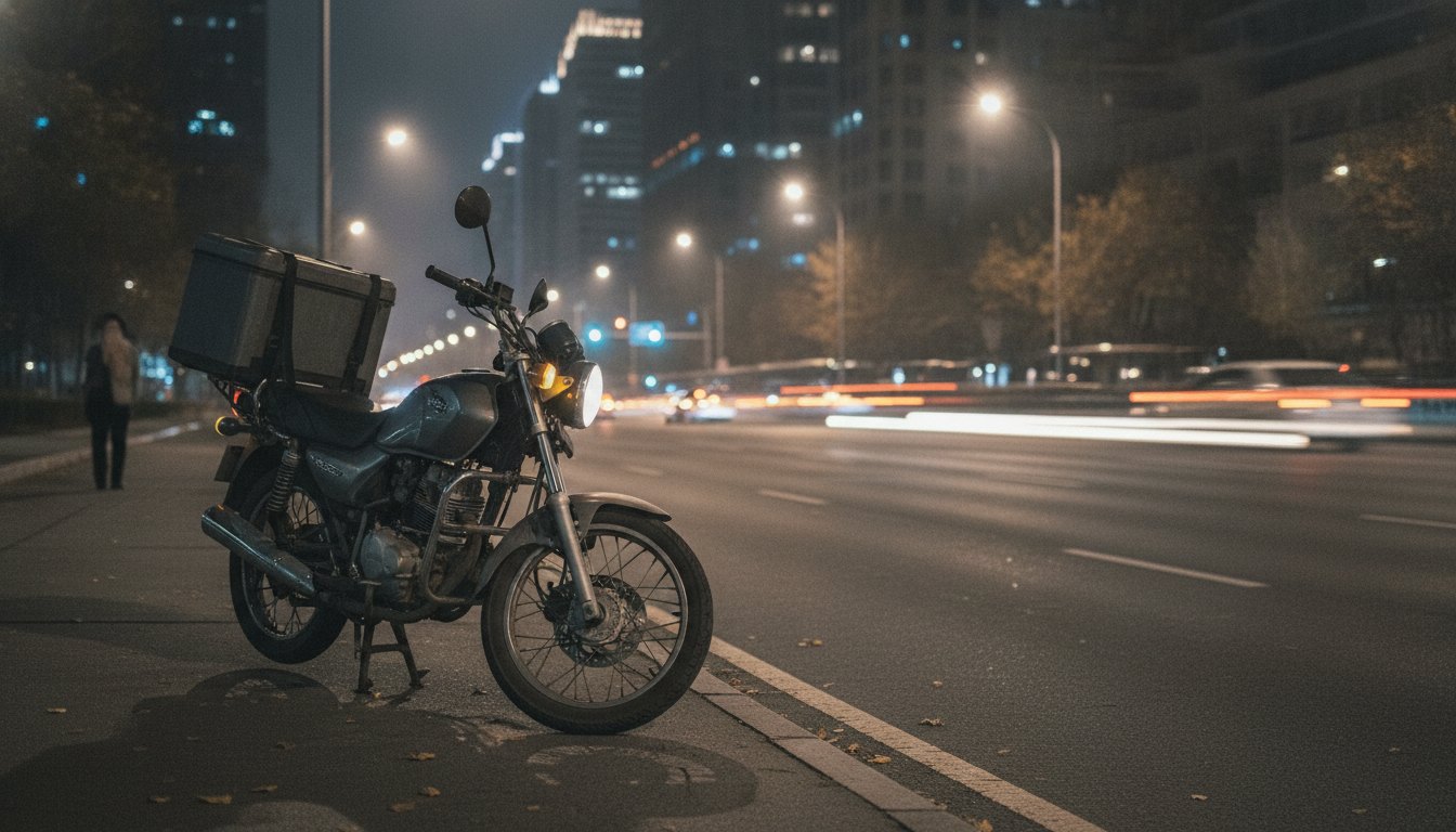 Motocicleta de entrega estacionada no acostamento de uma avenida com pisca-alerta ligado durante a noite.