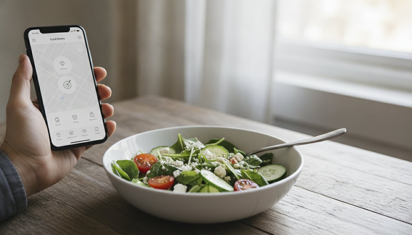 Mão segurando smartphone com aplicativo de entrega aberto ao lado de prato com salada fresca.