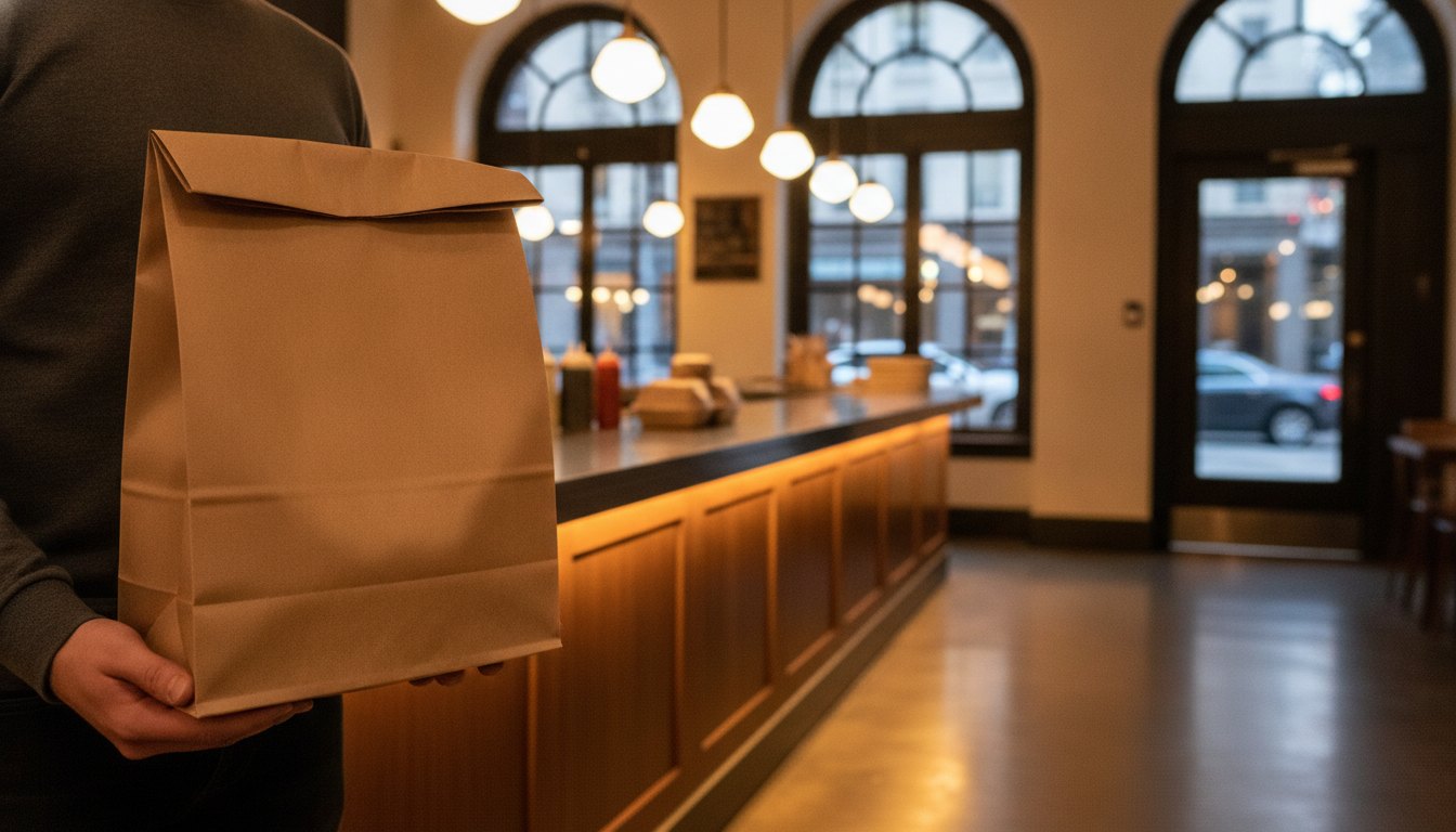 Cliente segurando sacola de papel parda em frente ao balcão iluminado de um restaurante noturno.