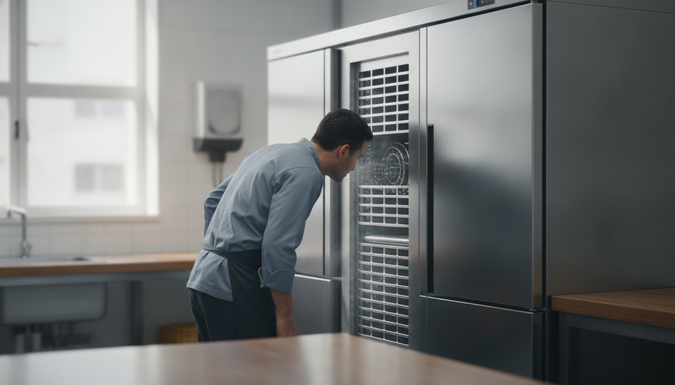 Cozinheiro parado na cozinha industrial prestando atenção ao som emitido por uma geladeira comercial de inox.