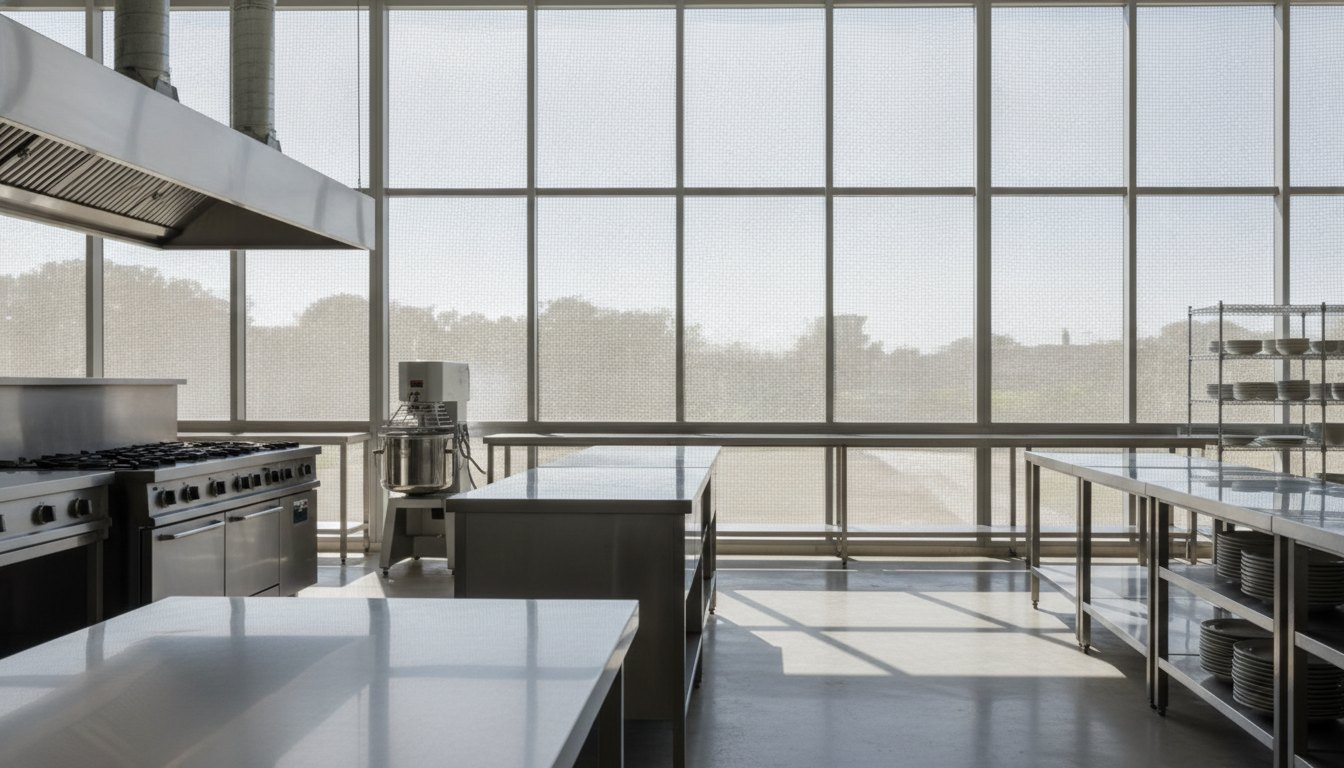 Cozinha industrial com amplas janelas de vidro isoladas por telas sintéticas trançadas garantindo a ventilação.