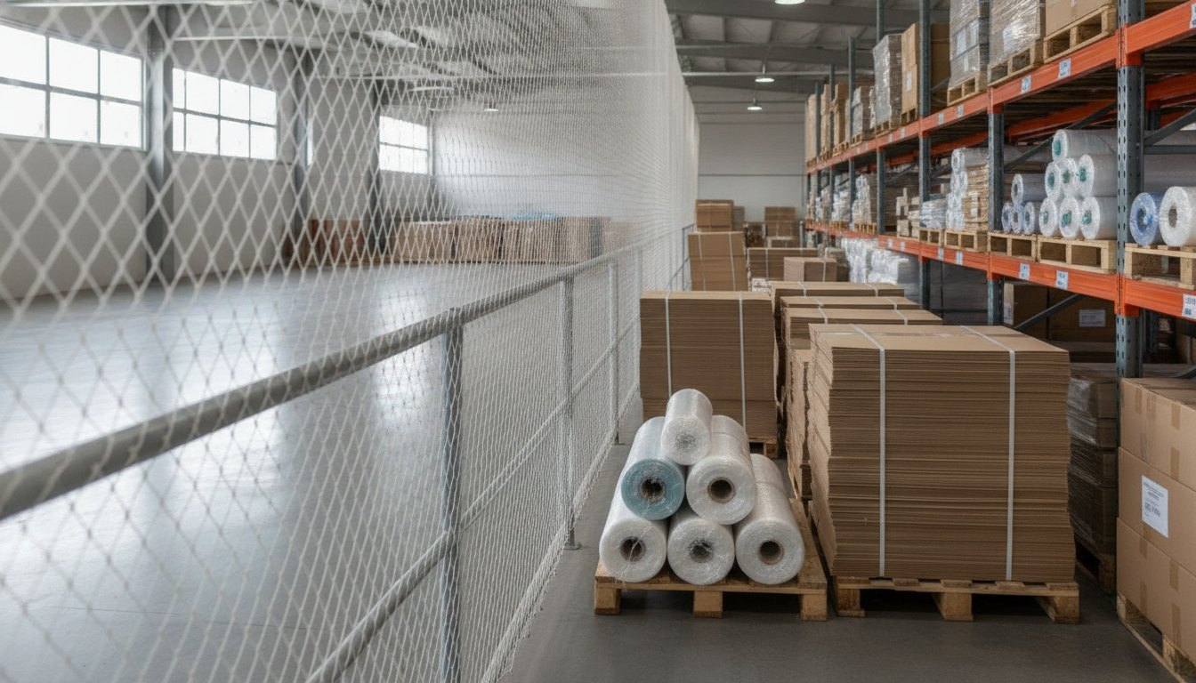 Estoque de embalagens no andar superior de um galpão com rede tensionada no guarda-corpo.