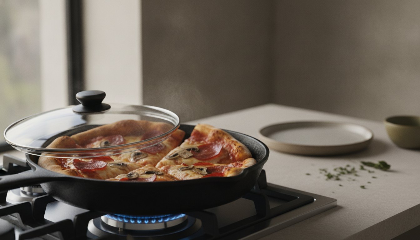 Fatias de pizza sendo aquecidas em uma frigideira com tampa sobre a boca de um fogão.