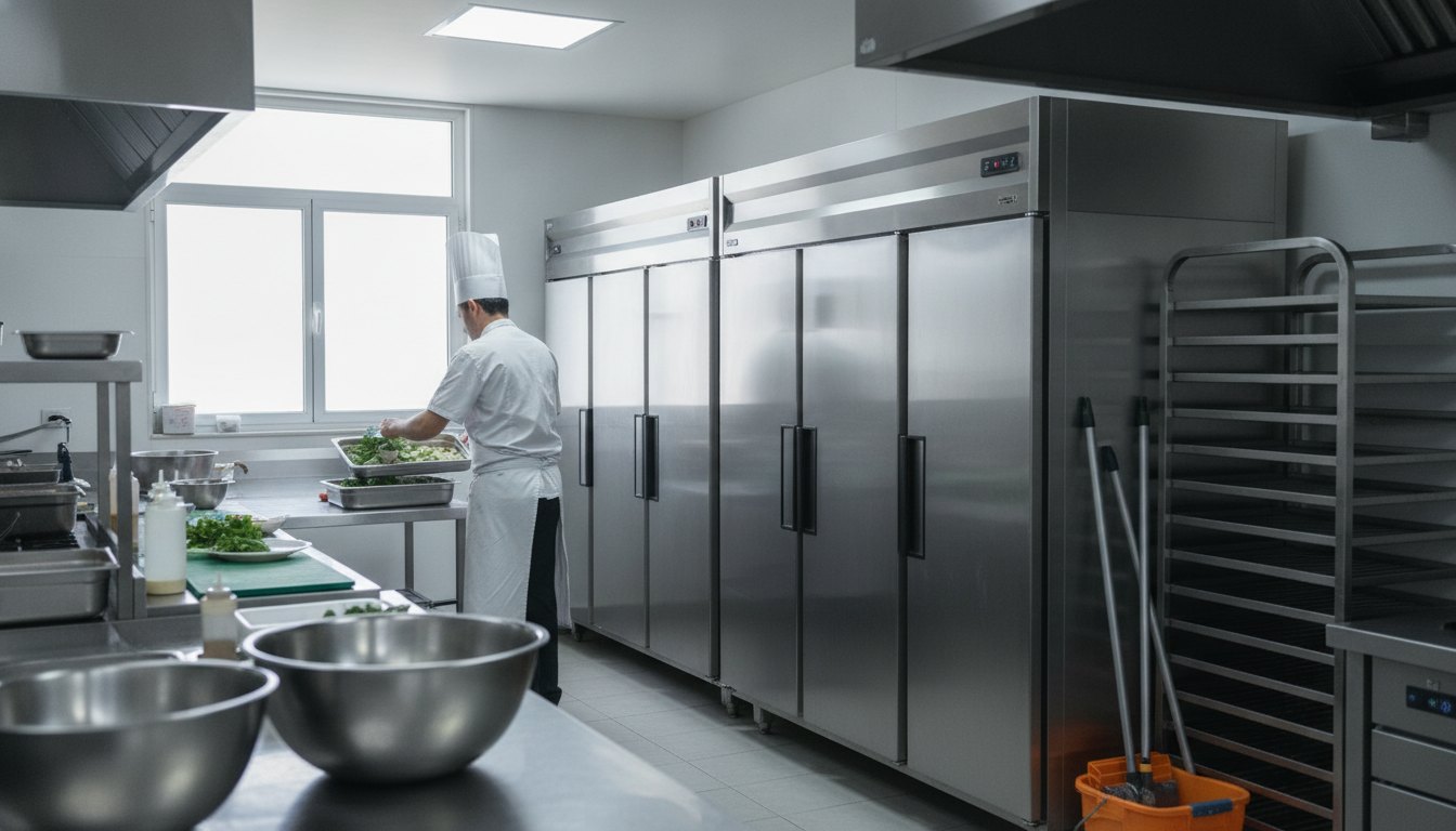 Cozinheiro trabalhando perto de freezers industriais em uma cozinha de restaurante movimentada.