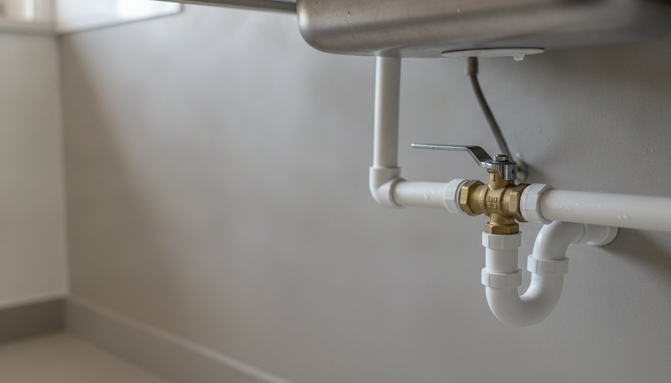 Registro de gaveta metálico instalado em tubulação de PVC de uma cozinha.