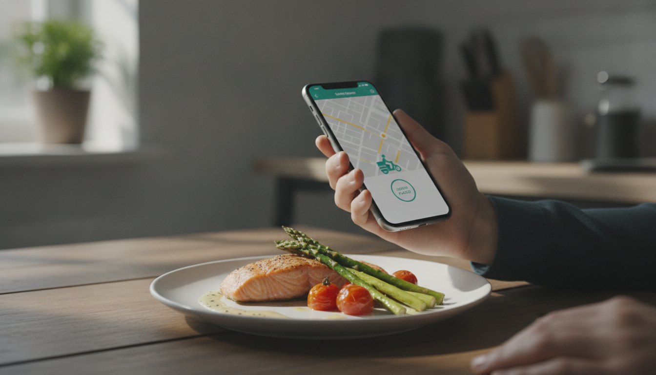 Mão segurando smartphone com aplicativo de entrega aberto ao lado de um prato de comida.