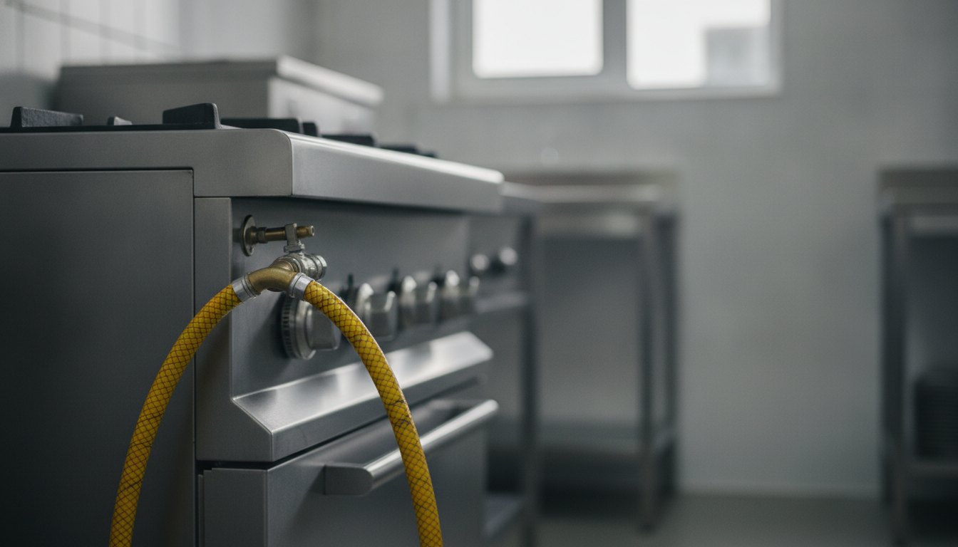 Mangueira de gás amarela conectada a um fogão industrial de aço inox