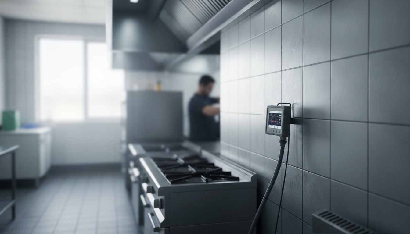 Técnico inspecionando a parede de uma cozinha comercial com um aparelho de detecção de vazamentos.