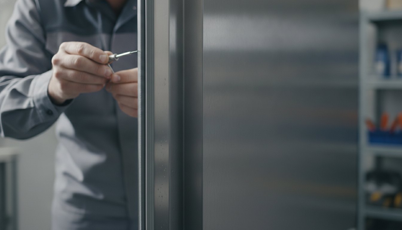 Técnico com uniforme inspecionando a borracha da porta de uma geladeira comercial de inox.