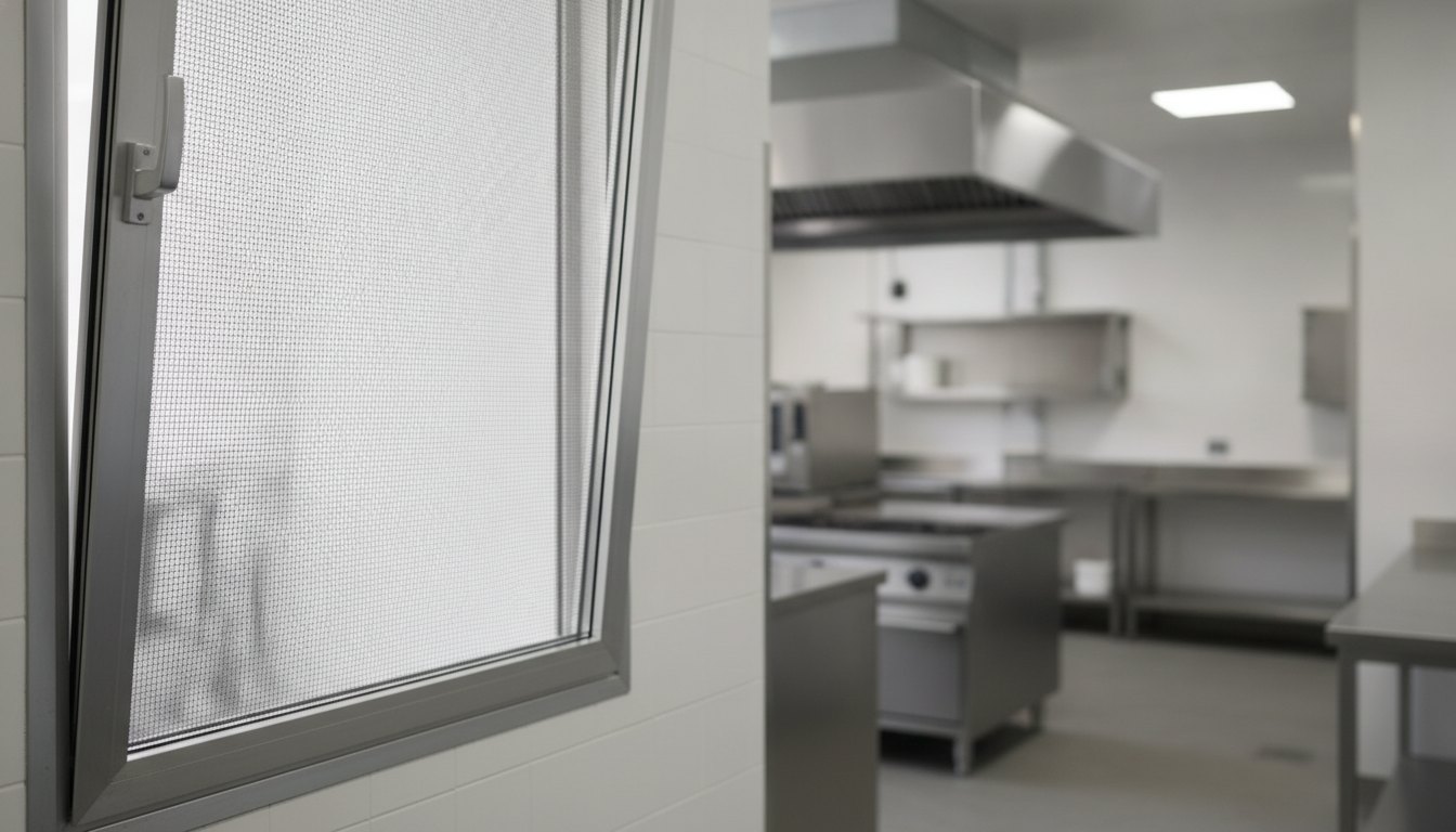 Janela basculante de uma cozinha industrial com rede de proteção instalada.