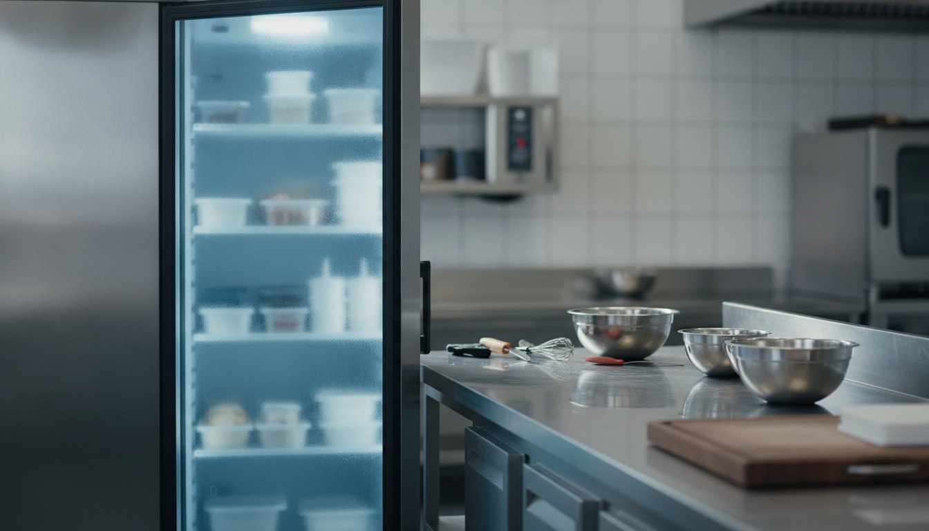Geladeira comercial de inox com porta entreaberta ao lado de uma bancada de preparo.